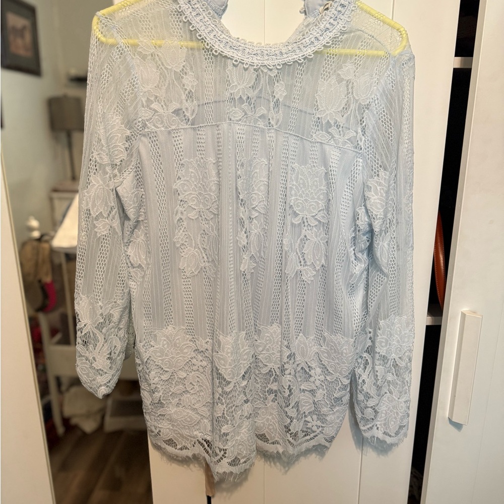 Ultra Pink Gray Lace Blouse 3/4 Sleeve Bib Collar
